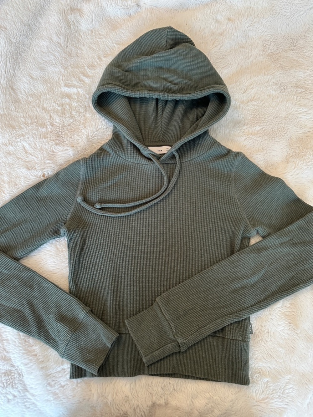 TNA Olive Waffle-Knit Hooded Pullover
